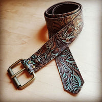 Thumbnail for Turquoise brown floral genuine leather belt