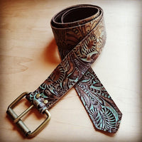 Thumbnail for Turquoise Brown Floral Leather Belt 50 inch