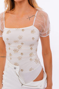 Thumbnail for Puff Sleeve Embroidered Mesh Bodysuit