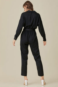 Thumbnail for Belted Waist Collared Satin Jumpsuit