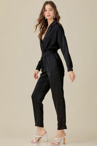 Thumbnail for Belted Waist Collared Satin Jumpsuit