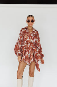 Thumbnail for Leaves Print Puff Sleeved Romper