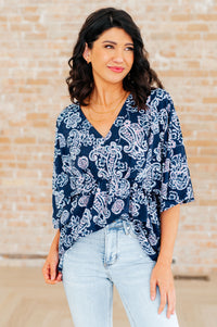 Thumbnail for Dreamer Peplum Top in Navy and Pink Paisley