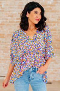 Thumbnail for Dreamer Peplum Top in Purple Retro Ditsy Floral