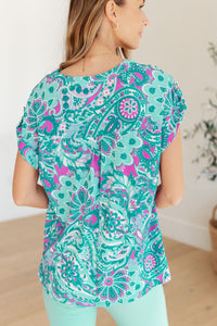 Thumbnail for Lizzy Cap Sleeve Top in Magenta and Teal Paisley