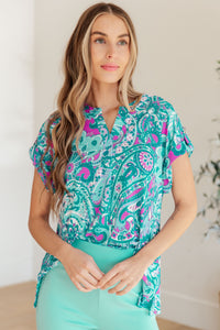 Thumbnail for Lizzy Cap Sleeve Top in Magenta and Teal Paisley