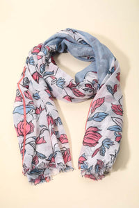 Thumbnail for Sky Blue & Pink Floral Oblong Frayed Scarf