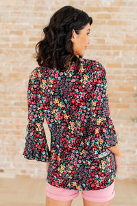 Thumbnail for Willow Bell Sleeve Top in Black Multi Ditsy Floral
