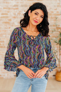 Thumbnail for Willow Bell Sleeve Top in Navy Rainbow Rope