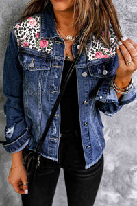 Thumbnail for Mixed Print Distressed Button Front Denim Jacket