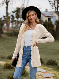 Thumbnail for Ribbed Button-Up Cardigan with Pockets