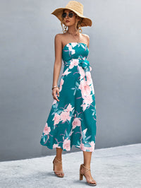 Thumbnail for Floral Print Tie Waist Straight Neck Midi Dress