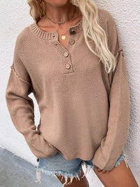 Thumbnail for Buttoned Exposed Seam High-Low Sweater