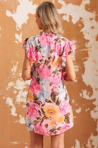 Thumbnail for Floral Tie Neck Flutter Sleeve Dress