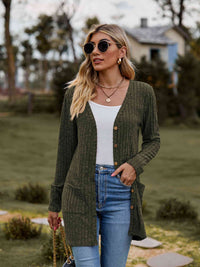 Thumbnail for Ribbed Button-Up Cardigan with Pockets