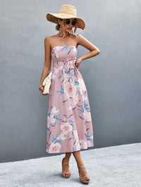 Thumbnail for Floral Print Tie Waist Straight Neck Midi Dress