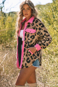 Thumbnail for Leopard Contrast Teddy Shacket with Pockets