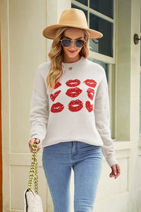 Thumbnail for Contrast Lip Pattern Round Neck Slit Sweater