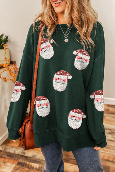 Sequin Santa Round Neck Long Sleeve Sweatshirt