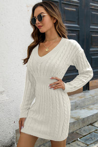 Thumbnail for Cable-Knit V-Neck Long Sleeve Mini Sweater Dress