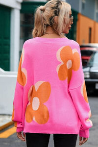 Thumbnail for Flower Round Neck Dropped Shoulder Sweater