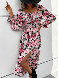 Thumbnail for Slit Smocked Floral Flounce Sleeve Dress