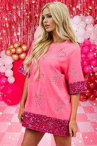 Thumbnail for Candy Cane Sequin Half Sleeve T-Shirt