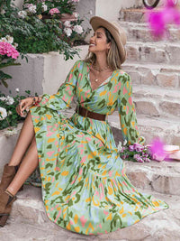 Thumbnail for Printed Tie Neck Long Sleeve Maxi Dress