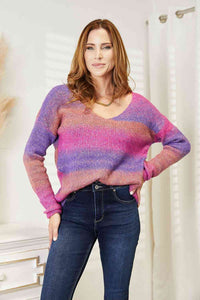 Thumbnail for Double Take Multicolored Rib-Knit V-Neck Knit Pullover