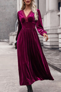 Thumbnail for Lace Detail V-Neck Balloon Sleeve Midi Dress