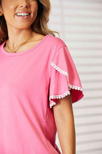 Thumbnail for Double Take Pom-Pom Trim Flutter Sleeve Round Neck T-Shirt