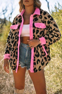 Thumbnail for Leopard Contrast Teddy Shacket with Pockets