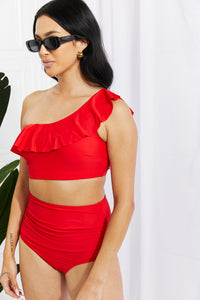 Thumbnail for Marina West Swim Seaside Romance Ruffle One-Shoulder Bikini in Red