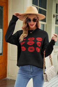 Thumbnail for Contrast Lip Pattern Round Neck Slit Sweater