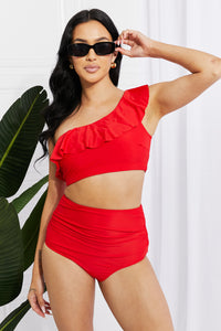 Thumbnail for Marina West Swim Seaside Romance Ruffle One-Shoulder Bikini in Red