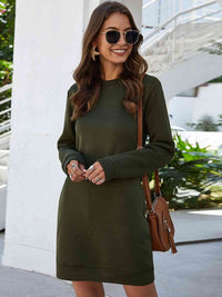Thumbnail for Round Neck Long Sleeve Mini Dress with Pockets