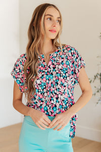 Thumbnail for Lizzy Cap Sleeve Top in Navy and Hot Pink Floral