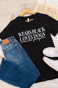 Thumbnail for Wears Black, Loves Dogs Graphic Tee in Heather Black