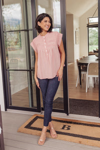 Thumbnail for Pleat Detail Button Up Blouse in Pink