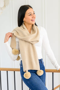Thumbnail for Knitted Fuzzy Pom Pom Scarf In Beige
