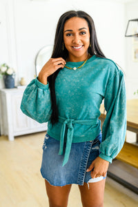 Thumbnail for Tied Up In Cuteness Mineral Wash Sweater in Teal