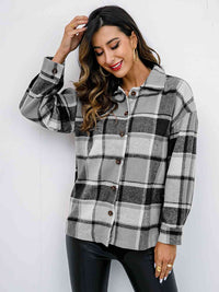 Thumbnail for Plaid Button Up Collared Neck Jacket