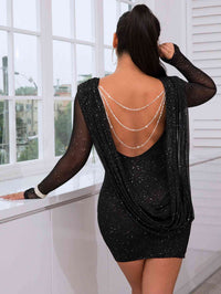 Thumbnail for Glitter Rhinestone Chain Detail Mesh Sleeve Bodycon Dress