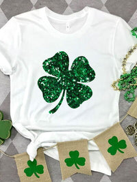 Thumbnail for Lucky Clover Sequin Round Neck T-Shirt