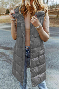 Thumbnail for Longline Hooded Sleeveless Puffer Vest