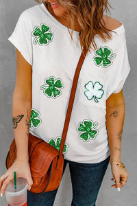 Thumbnail for Sequin Lucky Clover Boat Neck T-Shirt