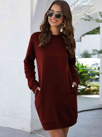 Thumbnail for Round Neck Long Sleeve Mini Dress with Pockets