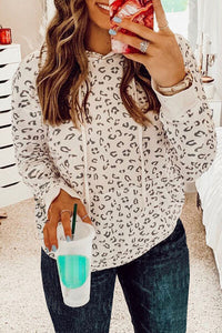Thumbnail for Plus Size Leopard Drawstring Long Sleeve Hoodie