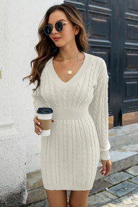 Thumbnail for Cable-Knit V-Neck Long Sleeve Mini Sweater Dress