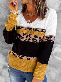 Thumbnail for Leopard Color Block V-Neck Rib-Knit Sweater
